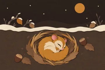 A sleeping squirrel in a paper-style woodland illustration.