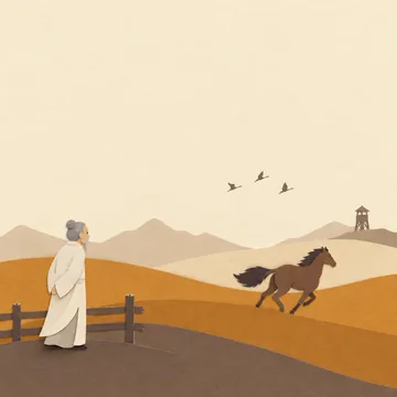 Paper-style story illustration: a person and horse in an open landscape.
