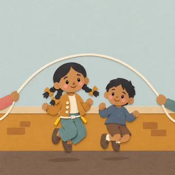 Paper-style story illustration: children playing with a skipping rope.
