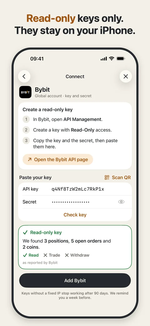 Read-only keys only.. Keys stay in your iPhone’s Keychain.
